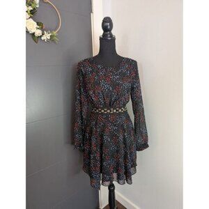 BCBGGeneration Black Printed Long Sleeve Dress w/ Studded Waist & Open Back - 2